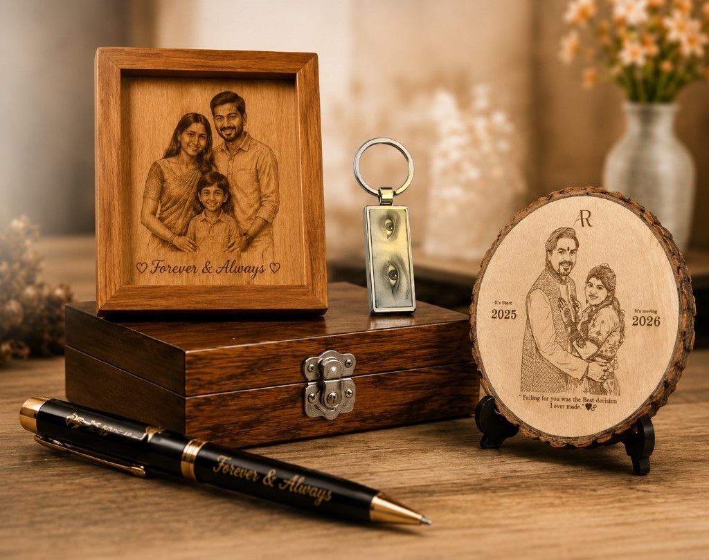 Personalized engraved gifts — wooden frame, keepsake box, pen, keychain and plaque
